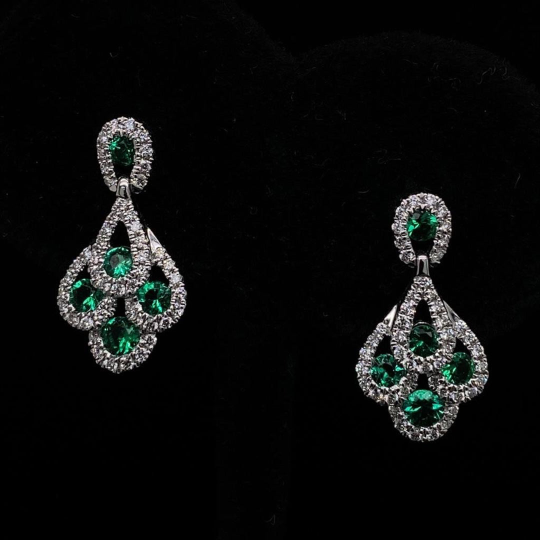 Round Emerald and Diamond Peacock Style Earrings