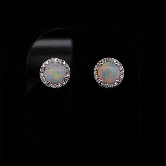 Round Opal and Diamond Cluster Earrings