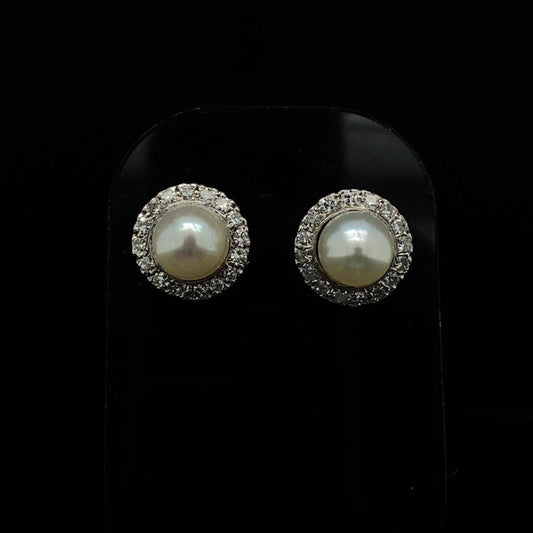 Round Pearl and Diamond Cluster Earrings