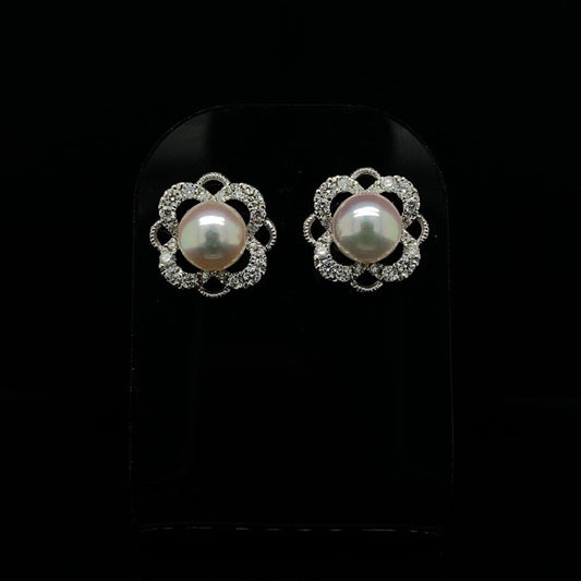 Round Pearl and Diamond Fancy Cluster Earrings