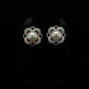 Round Pearl and Diamond Fancy Cluster Earrings