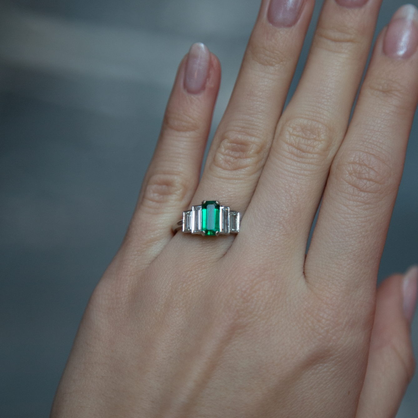 1.16ct Emerald Cut Emerald And Diamond Five Stone Ring