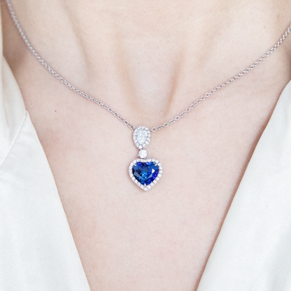 3ct Heart Cut Sapphire And Pear Cut Diamond Cluster Pendant