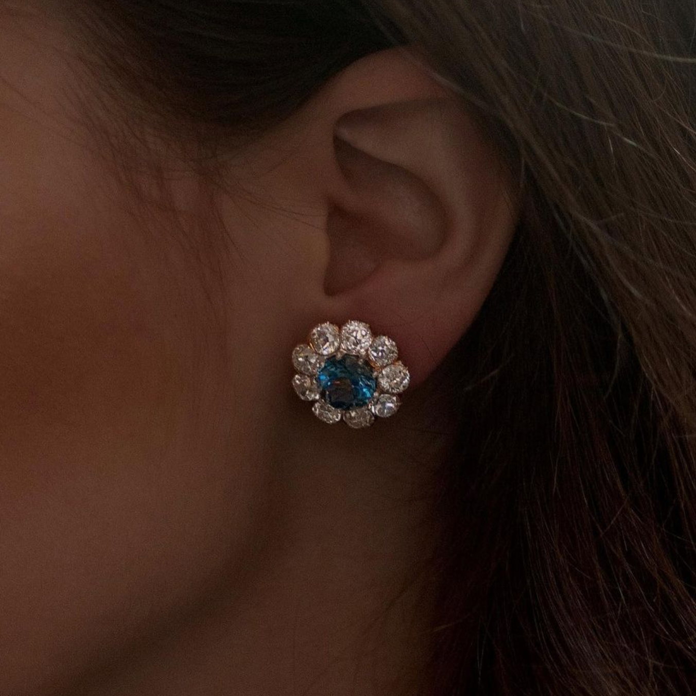 4.72ct Round Aquamarine and Diamond Flower Cluster Earrings