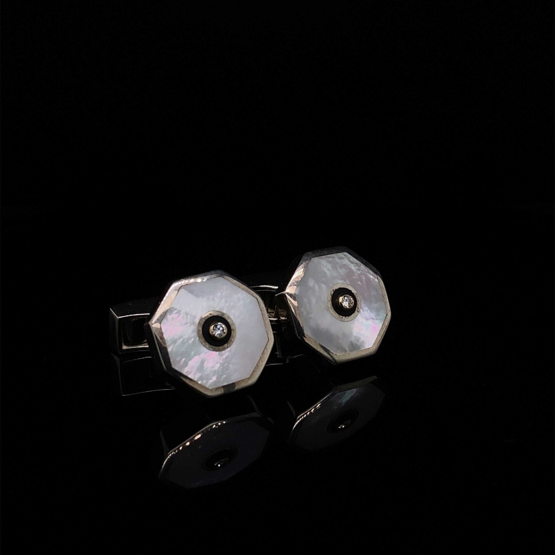 Silver Mother of Pearl, Onyx And Diamond Cufflinks