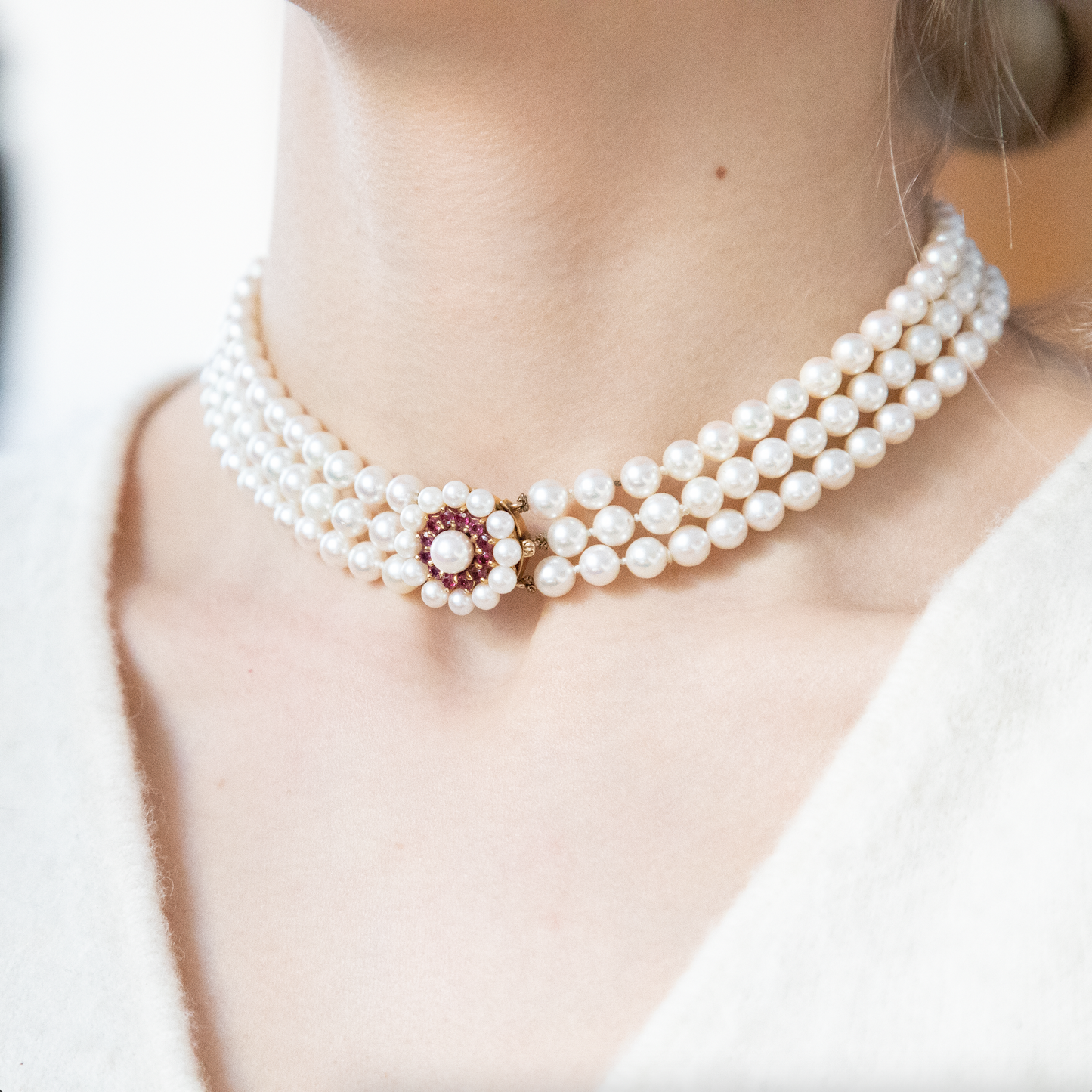 Three Row Pearl Choker Necklace With A Ruby Clasp