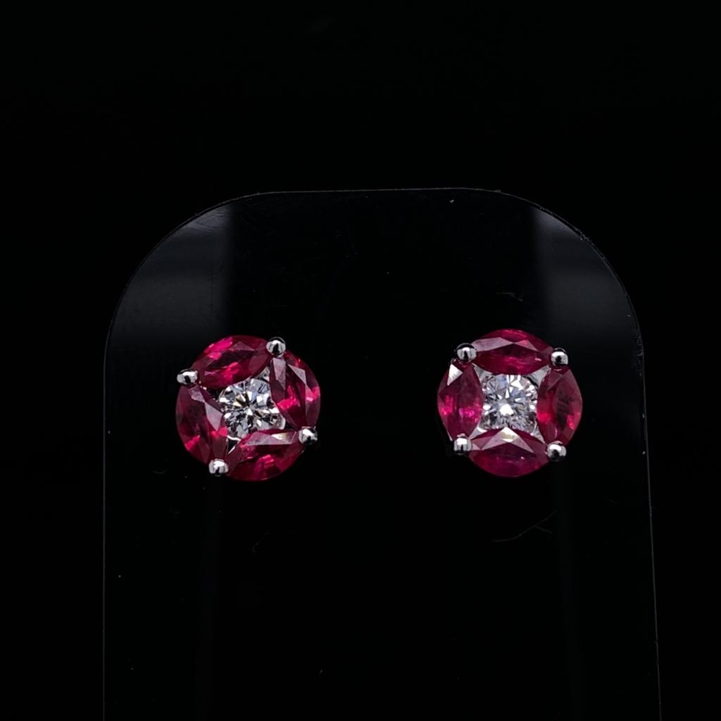 Marquise Ruby And Diamond Round Stud Earrings