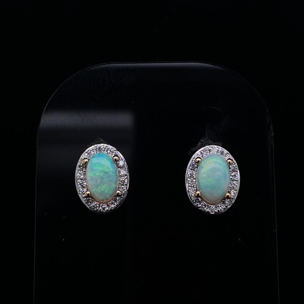 0.70ct Oval Opal and Round Diamond Cluster Stud Earrings