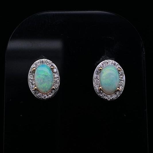 0.97ct Oval Opal And Diamond Cluster Earrings