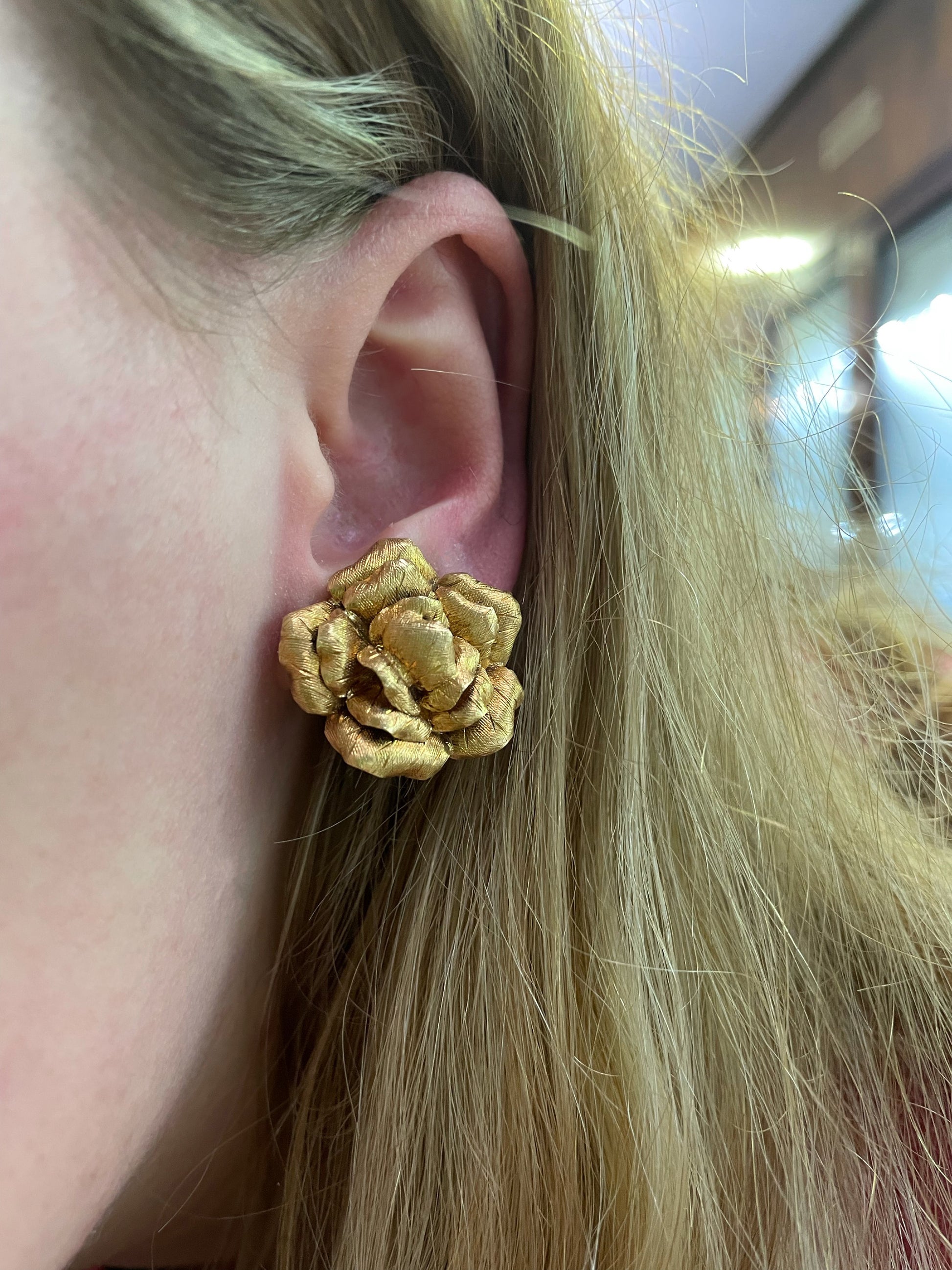 Yellow Gold Rose Clip Earrings