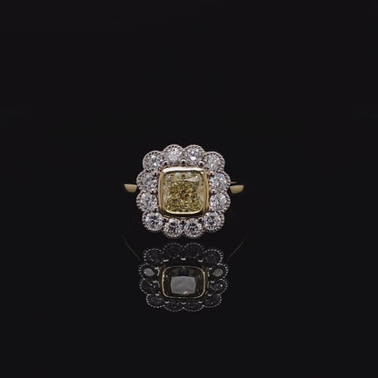 1.30ct Certificated Cushion Cut Yellow Diamond Cluster Ring