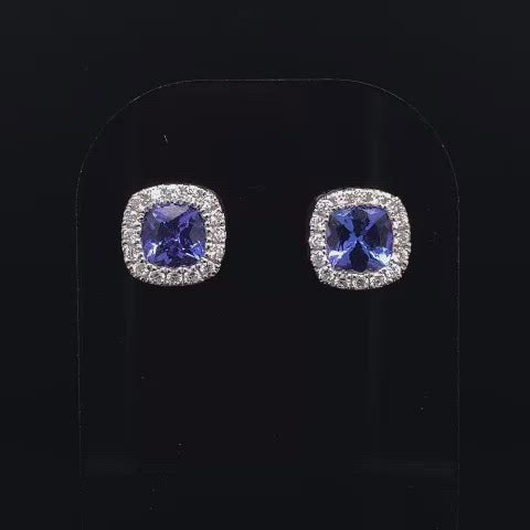 1.20ct Cushion Cut Tanzanite and Round Diamond Cluster Earrings