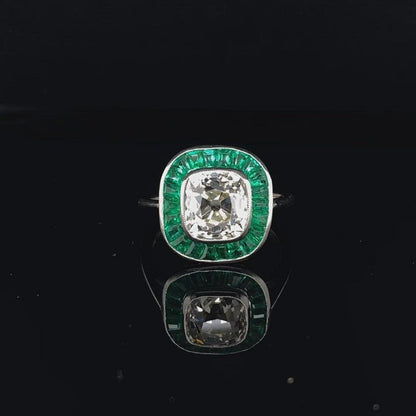 2.45ct Old Cushion Cut Diamond And Emerald Art Deco Style Target Ring