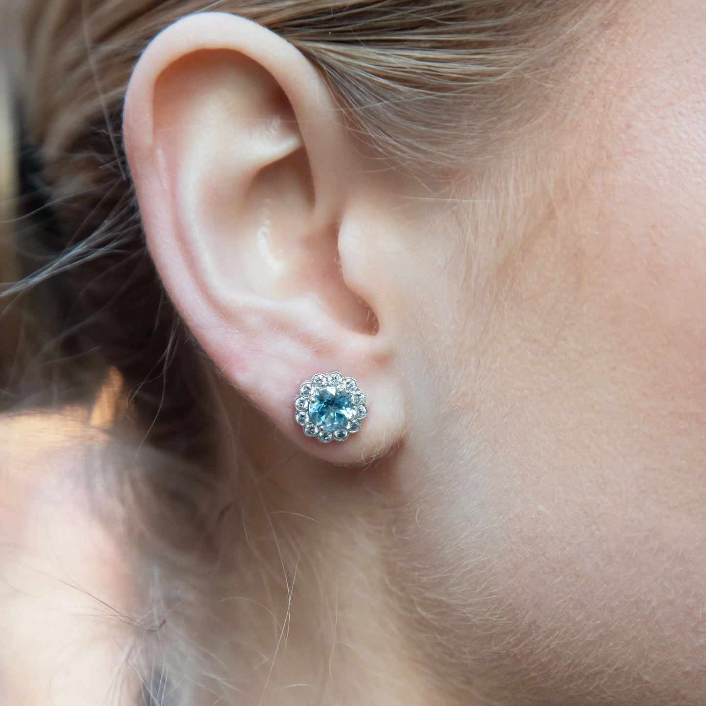 2.10ct Round Aquamarine and Diamond Cluster Earrings