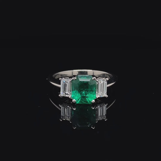 1.65ct Emerald Cut Emerald and Baguette Cut Diamond Three Stone Ring