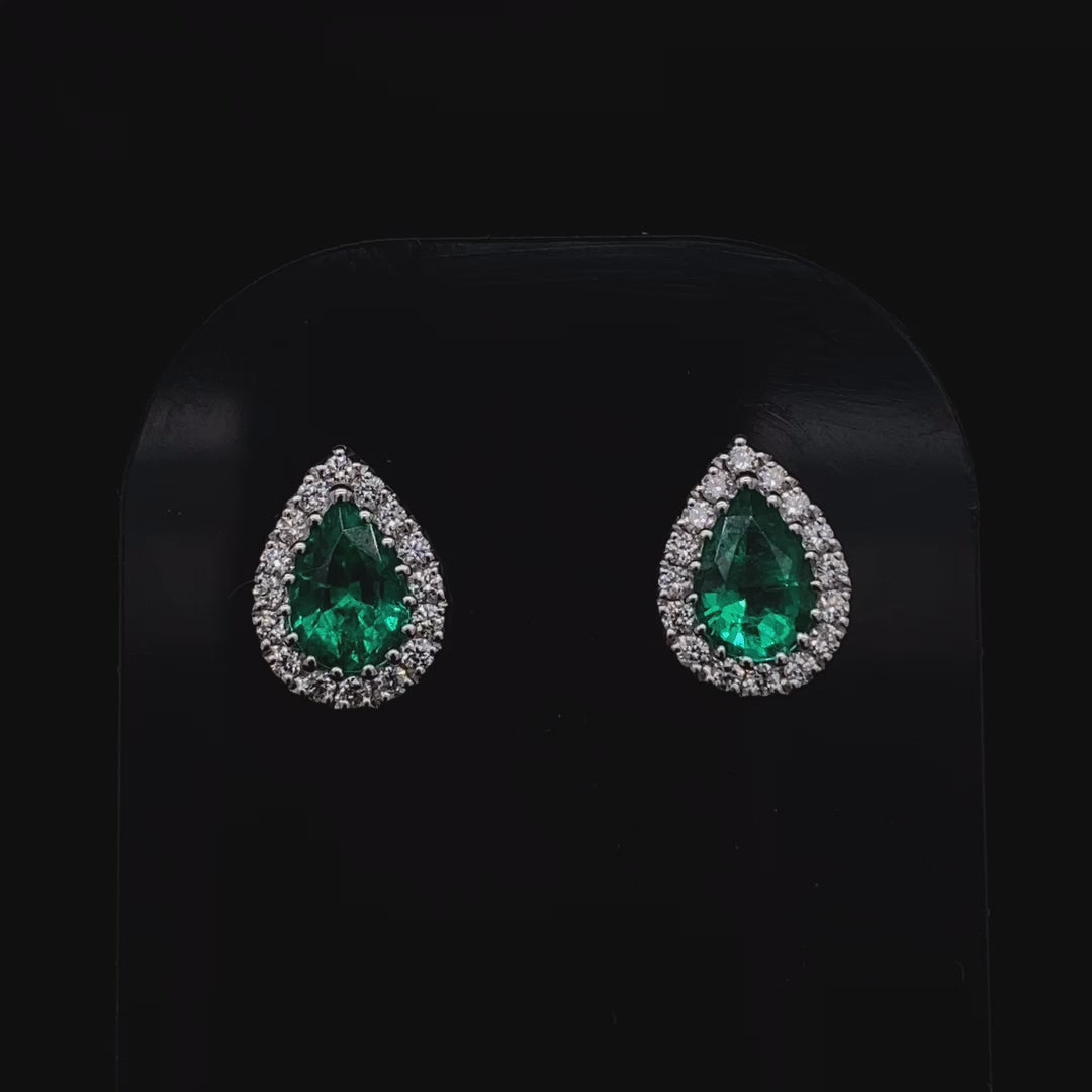 0.69ct Pear Emerald and Diamond Cluster Earrings