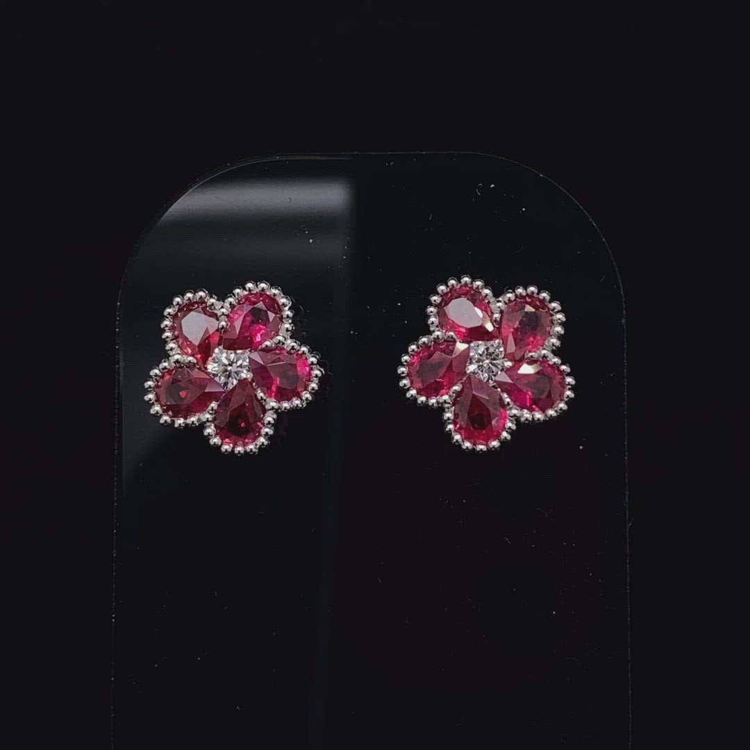 1.73ct Pear Cut Ruby and Diamond Flower Cluster Earrings