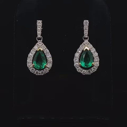 Pear Cut Emerald and Diamond Cluster Drop Earrings