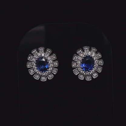 0.94ct Oval Sapphire And Round Diamond Cluster Earrings