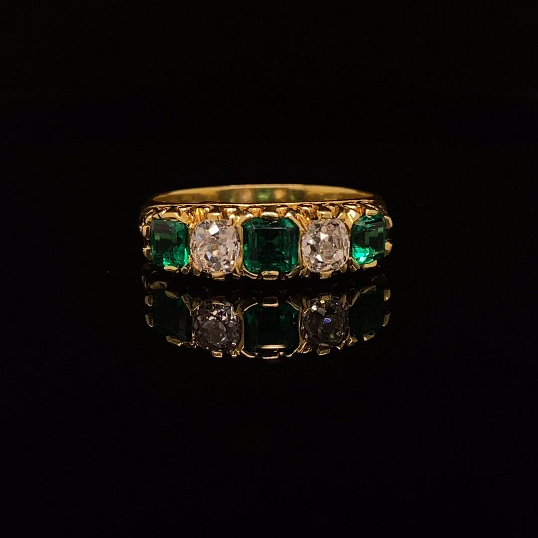 Emerald and Diamond 5 Stone Vintage Carved Half Hoop Ring