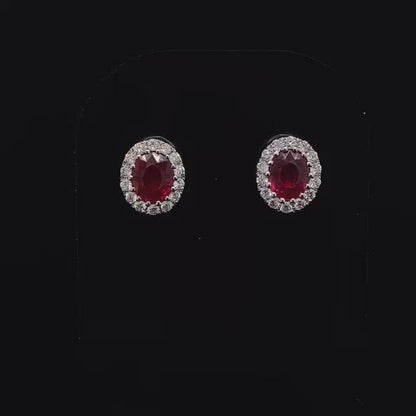 0.89ct Oval Ruby and Round Diamond Cluster Earrings