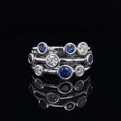 Sapphire And Diamond Three Row Bubble Ring