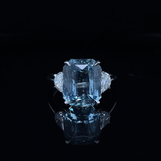 7.80ct Emerald Cut Aquamarine Sapphire And Half Moon Diamond Three Stone Ring