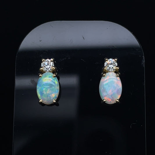 1.01ct Oval Opal And Round Diamond Stud Earrings