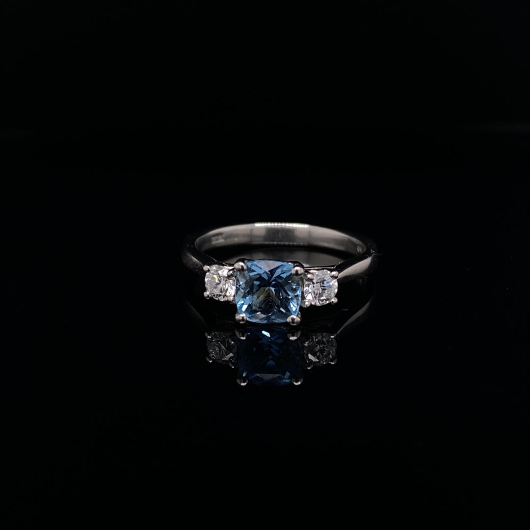 0.85ct Cushion Cut Aquamarine And Diamond Three Stone Ring