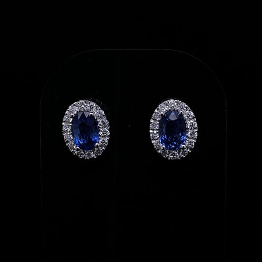 1.40ct Oval Sapphire And Round Diamond Cluster Stud Earrings