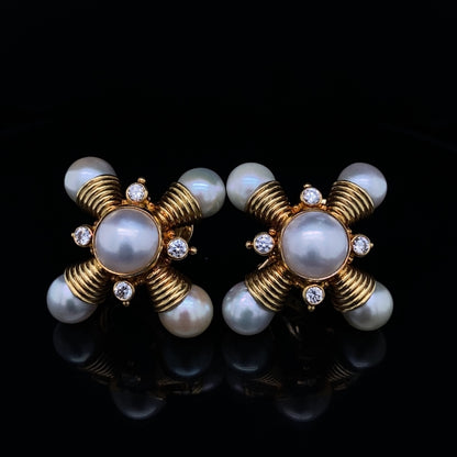Elizabeth Gage Pearl and Diamond Clip Earrings