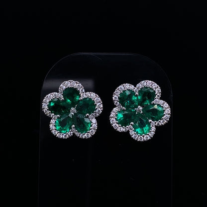 2.35ct Pear Cut Emerald And Diamond Flower Cluster Stud Earrings