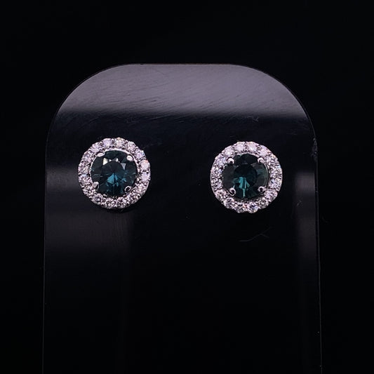 Round Teal Sapphire And Removable Diamond Cluster Stud Earrings