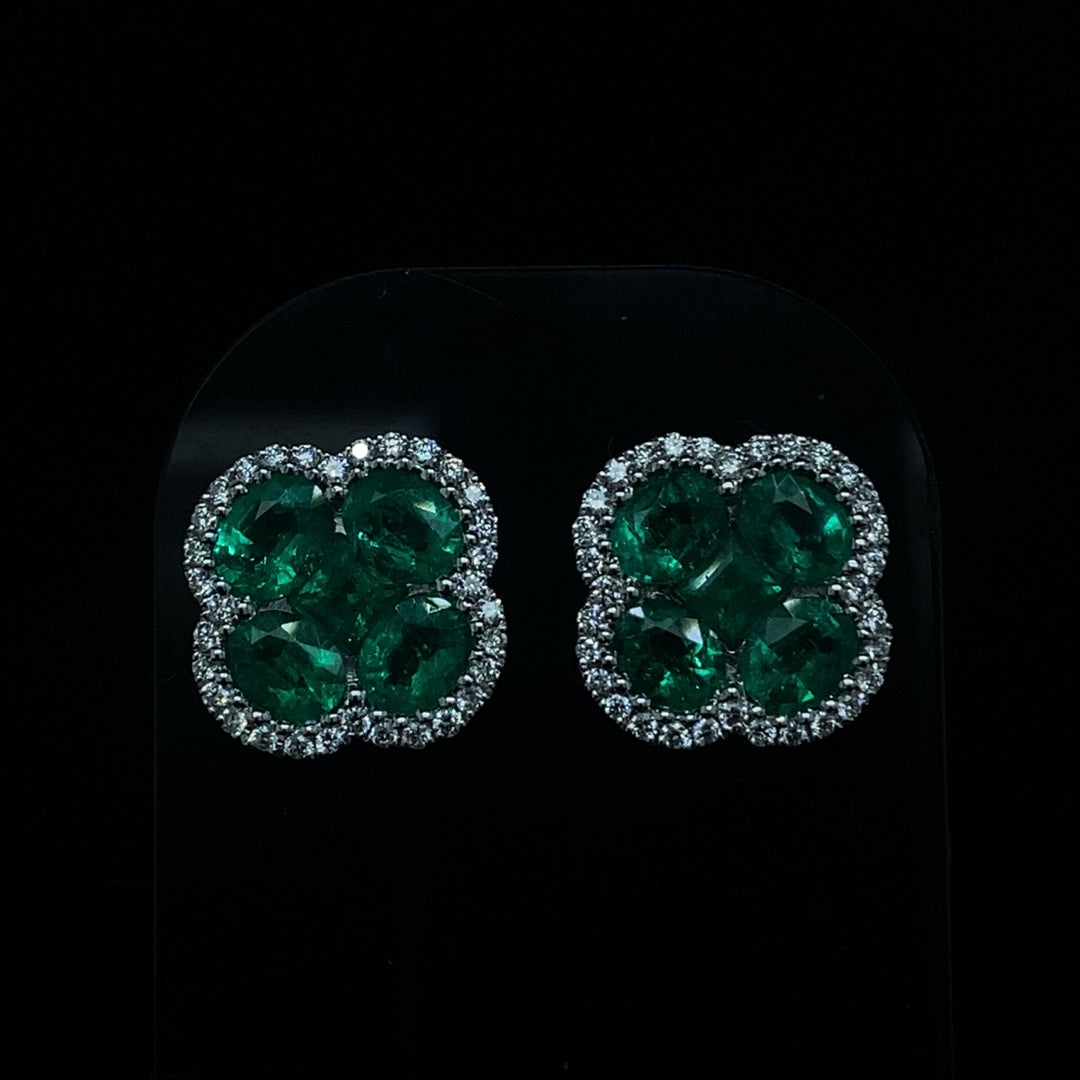 2.36ct Colombian Emerald And Diamond Quatrefoil Cluster Earrings
