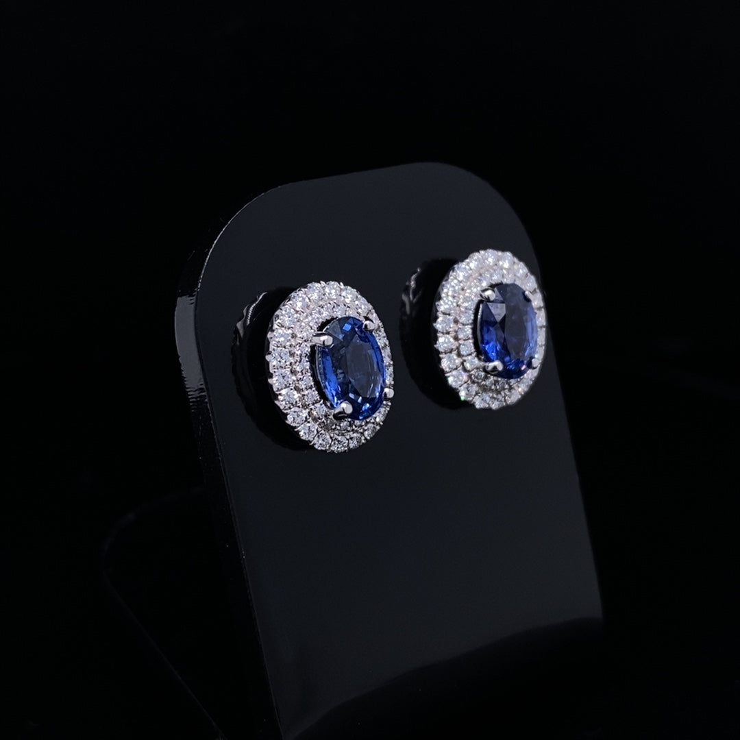 1.73ct Oval Sapphire And Diamond Double Cluster Stud Earrings