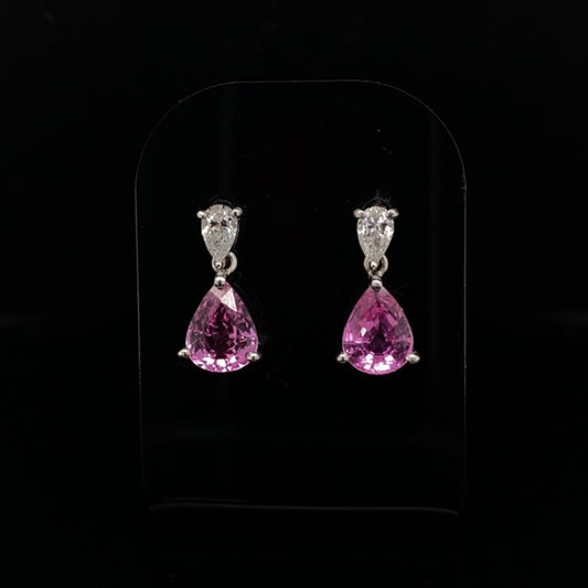 2.58ct Pear Cut Pink Sapphire And Pear Cut Diamond Drop Earrings