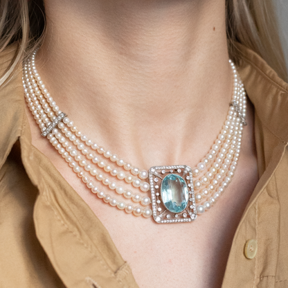 Four Row Graduated Natural Pearl, Aquamarine and Diamond Necklace