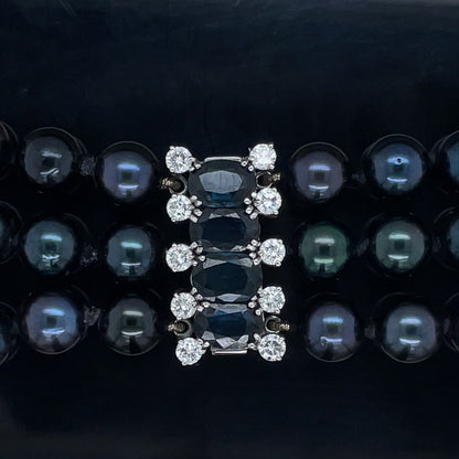 Three Row Black Pearl Sapphire and Diamond Necklace