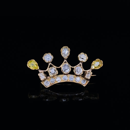 Yellow And White Diamond Set Crown Brooch