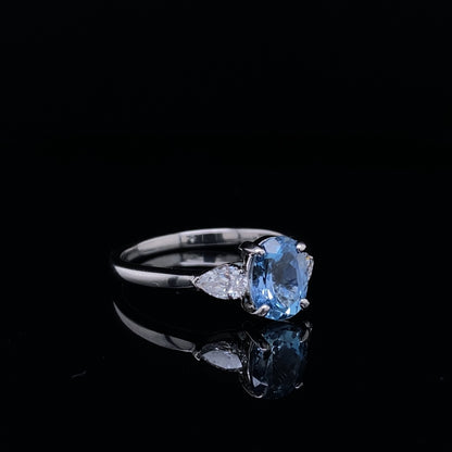 1.09ct Oval Aquamarine And Pear Cut Diamond Three Stone Ring