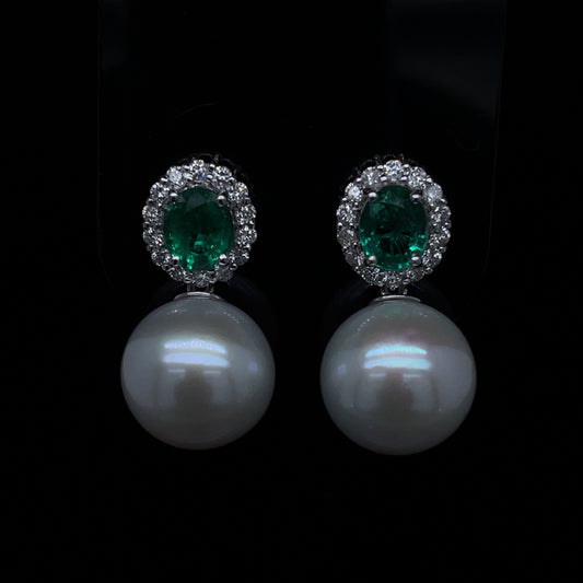 Emerald And Diamond Cluster With A Pearl Drop Earrings