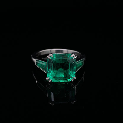 3.33ct Colombian Square Cut Emerald And Tapered Baguette Emerald Three Stone Ring