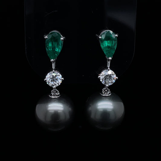 Emerald, Diamond And Tahitian Pearl Drop Earrings