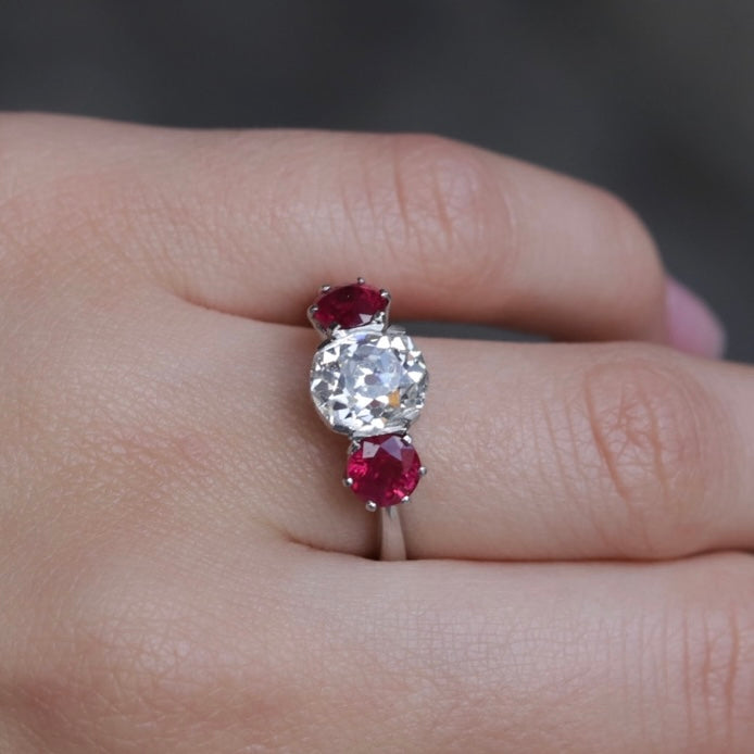 1.99ct Old Cut Round Diamond and Ruby Three Stone Ring