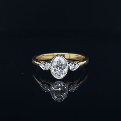Certified Oval Diamond And Round Diamond Pear Shape Sides Three Stone Ring