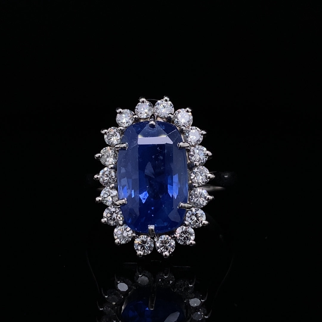 Certified Unheated Madagascan Cushion Sapphire And Diamond Cluster Ring