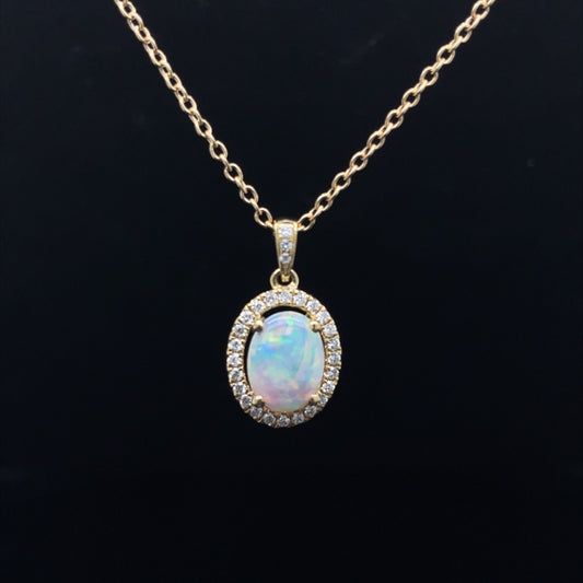 0.27ct Oval Opal And Round Diamond Cluster Pendant