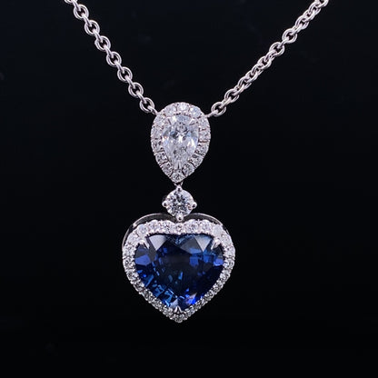 3ct Heart Cut Sapphire And Pear Cut Diamond Cluster Pendant