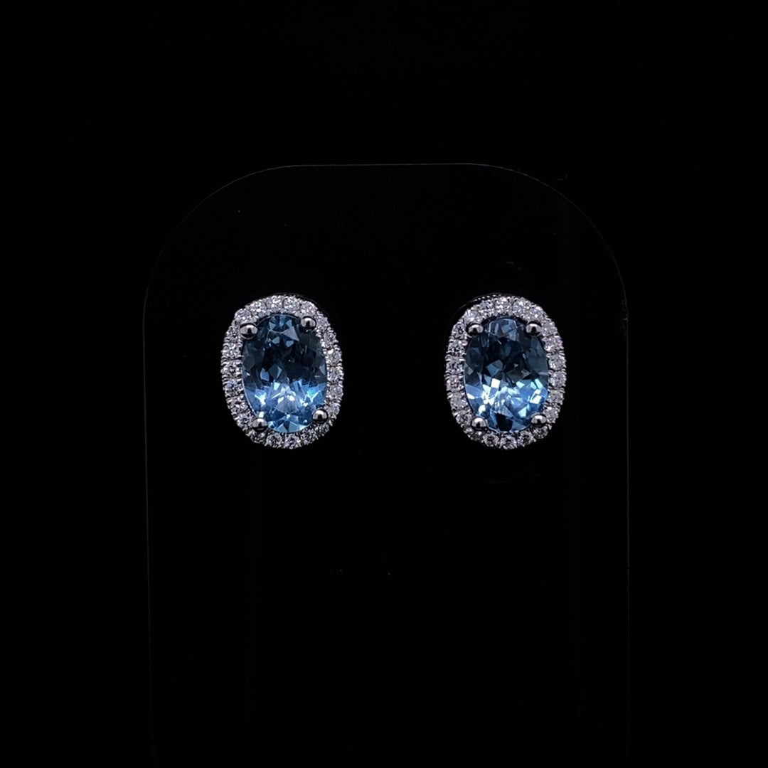 1.32ct Oval Aquamarine And Diamond Cluster Stud Earrings