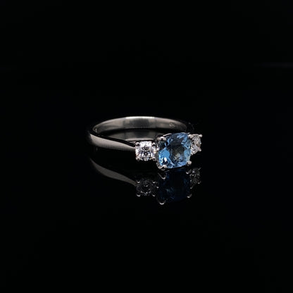 0.85ct Cushion Cut Aquamarine And Diamond Three Stone Ring